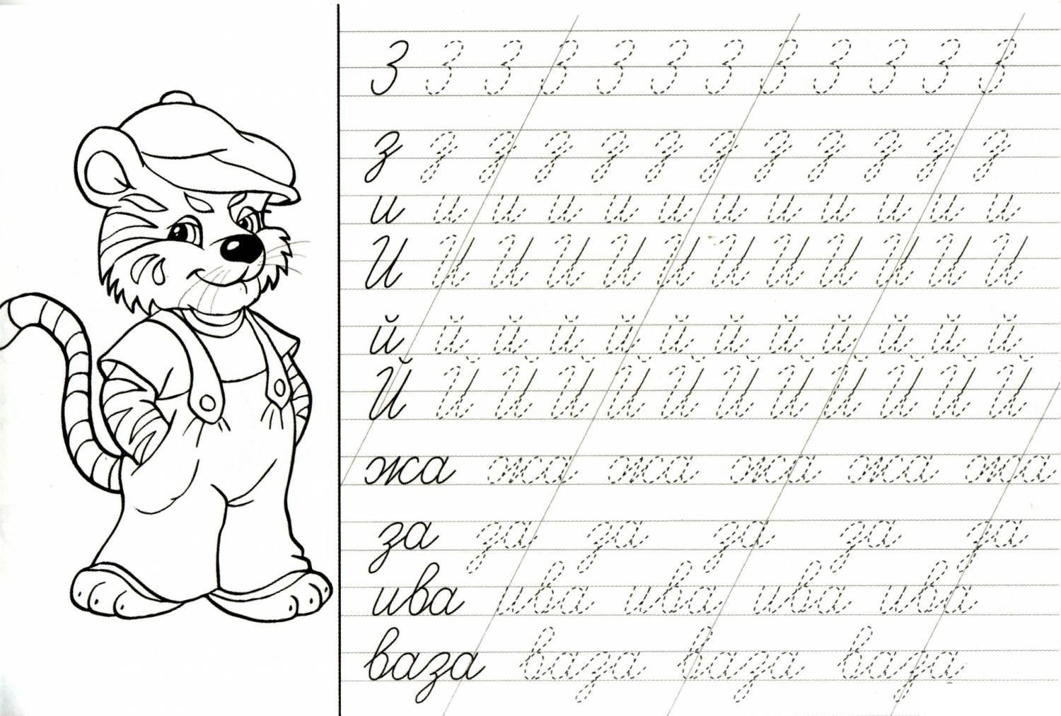 Прописи буквы з, и, й, по точкам и слоги, раскраска тигренок в кепке